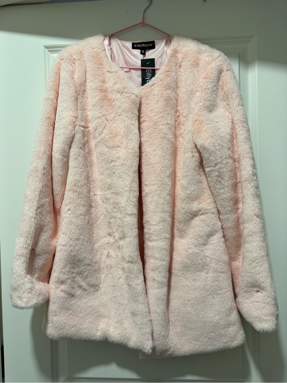 New Eily Bazar Light Pink Faux Fur Collarless Lined Mid-Length Women's Jacket XS